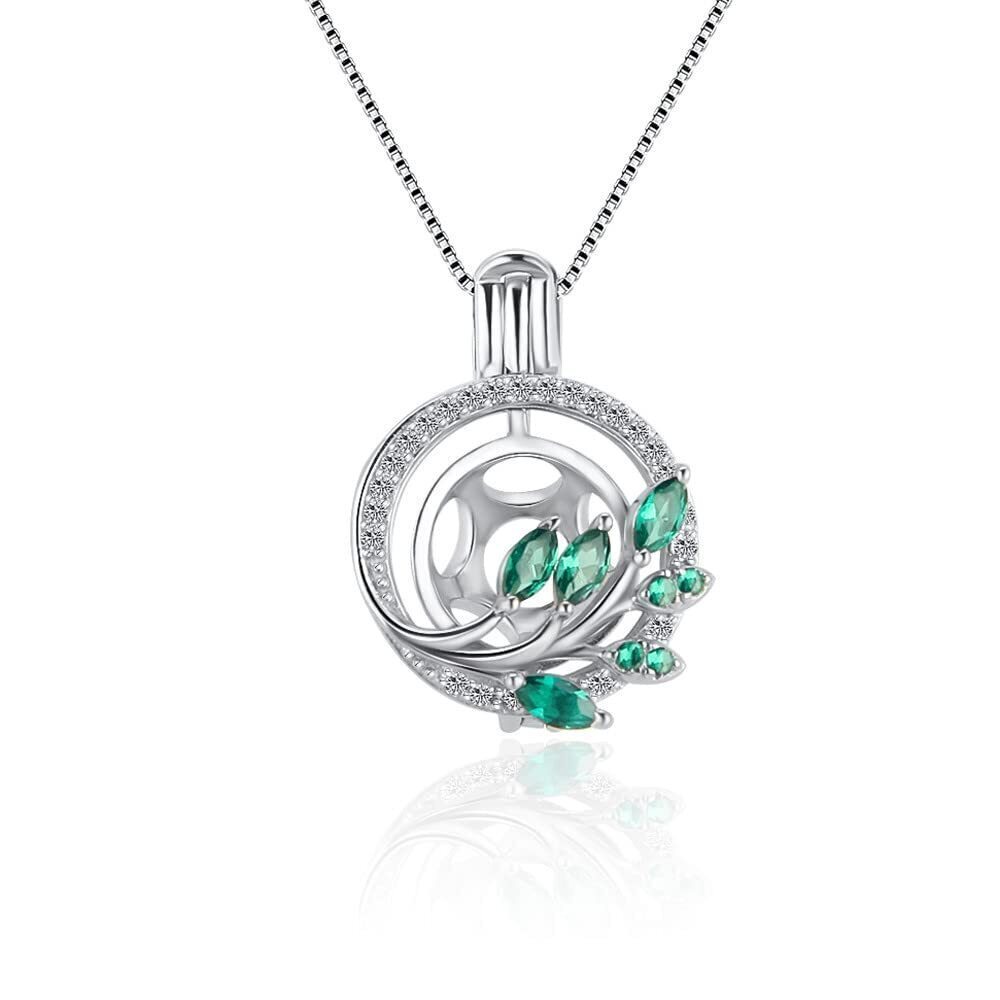 9919 925 Sterling Silver Green Leaf CZ Round Cage Pendants Crafting Charm